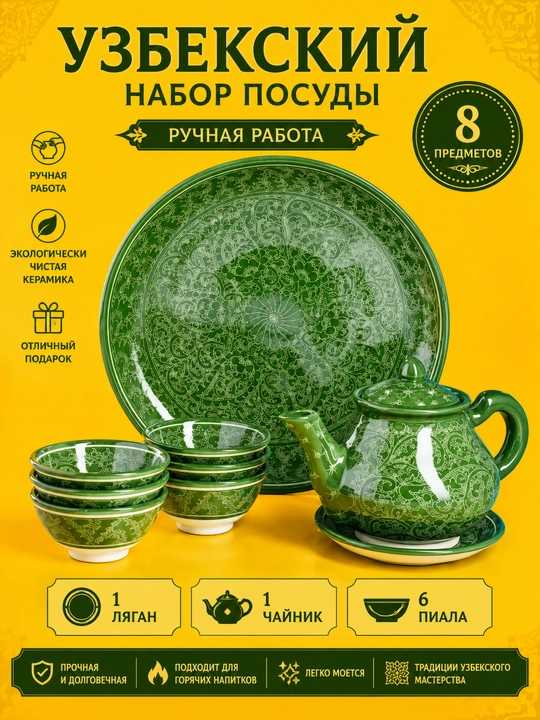 Qo‘lda ishlangan rishton sopol choy servizi – milliy naqshli to‘plam