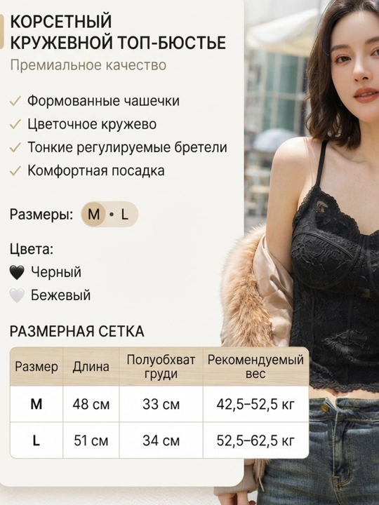 Nafis to'rli korset-top byuste, shaklli chashka va ingichka breteleli. Premium sifat