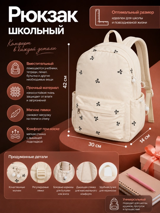 Рюкзак женский и школьный для девочек, вместительный рюкзак в горошек с карманами