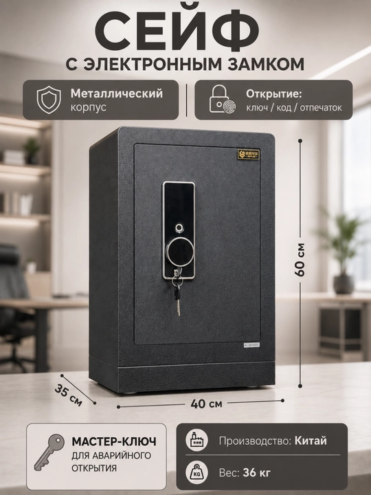Сейф - металлический с электронным кодовым замком и ключом, для дома, офиса - 
