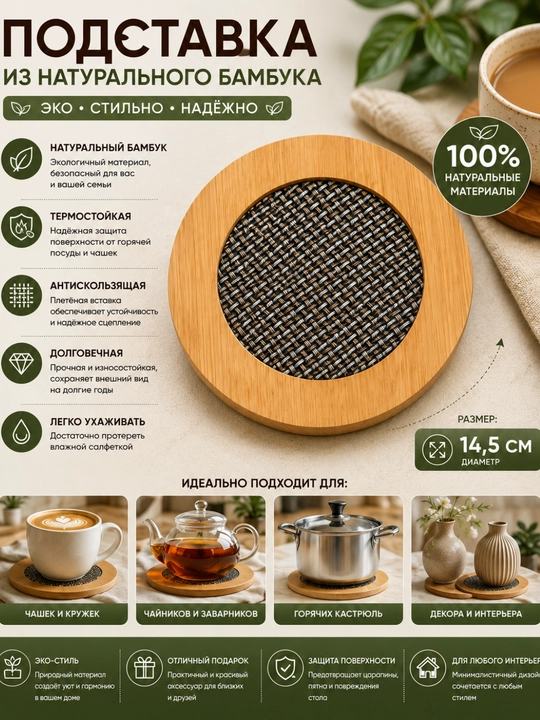Подставка для кастрюль, чайников и посуды размером 14,5×14,5 см ​​из натурального бамбука - 