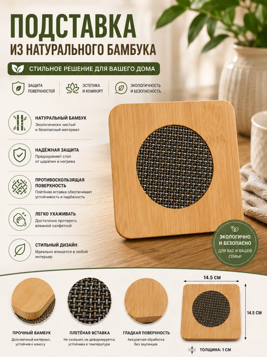 Подставка для кастрюль, чайников и посуды размером 14,5×14,5 см ​​из натурального бамбука - 