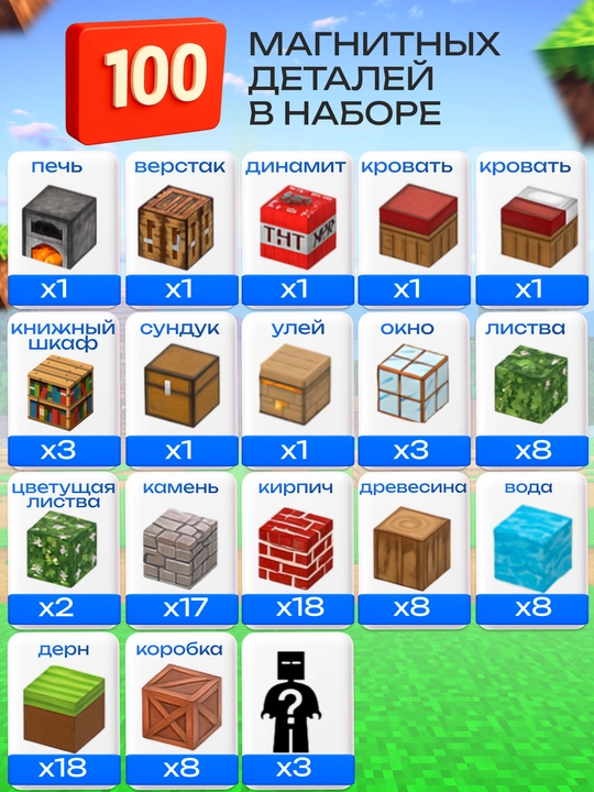 Конструктор магнитный развивающий набор Minecraft