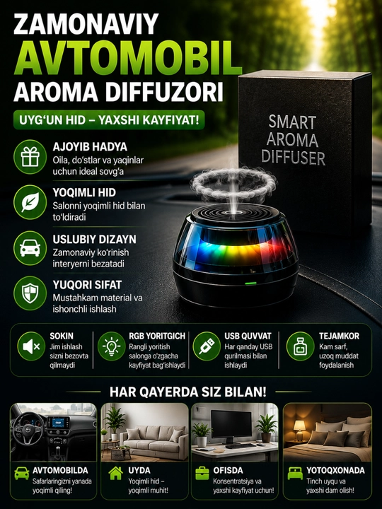Vulqon avtomobil diffuzori RGB LED chiroqli, USB, aroma va par chiqaradigan premium - 