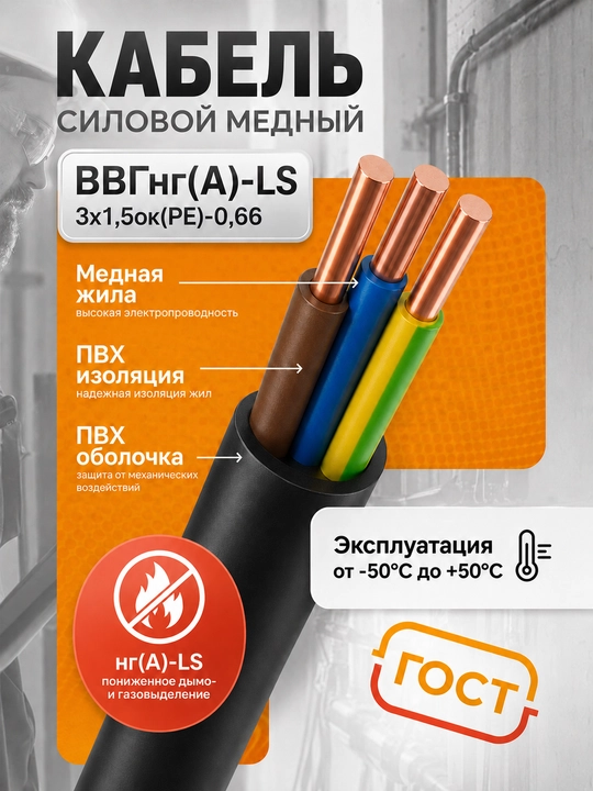 VVGng(A)-LS kabeli 3×1.5 mis quvvatli GOST 0.66 kV, 5–100 m
