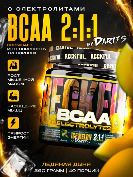 Reckfull BCAA Electrolytes 260g 40 порций вкус Дыня для силы - 
