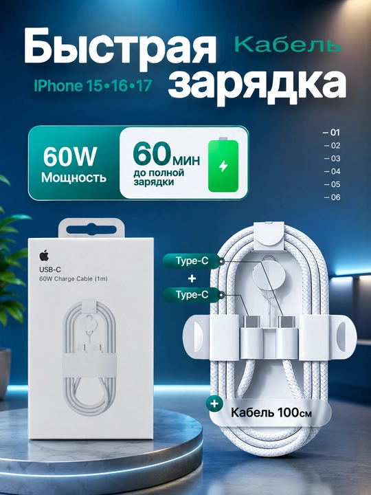 IPhone uchun kabel Type-C to Lightning/Type-C 60W, barcha iPhone modellar uchun