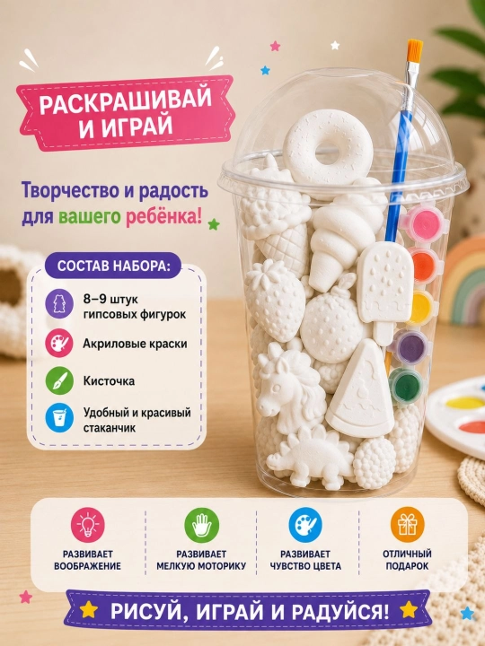 Набор для раскрашивания гипсовых фигурок, с красками и кисточкой для детей - 