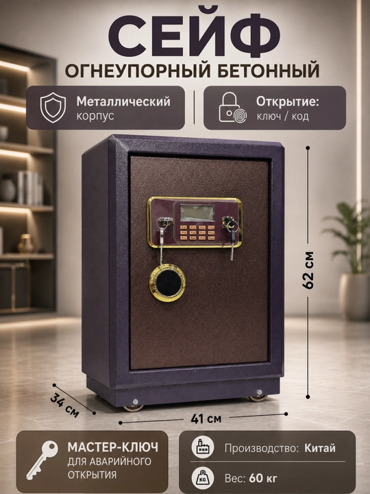 Seyf - olovbardosh beton, uy va ofis uchun elektron kodli qulf va kalit bilan jihozlangan - 