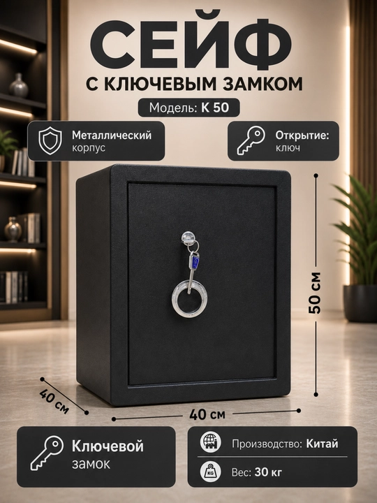 Сейф - металлический, сейф для дома и офиса с ключевым замком, для денег и документов - 