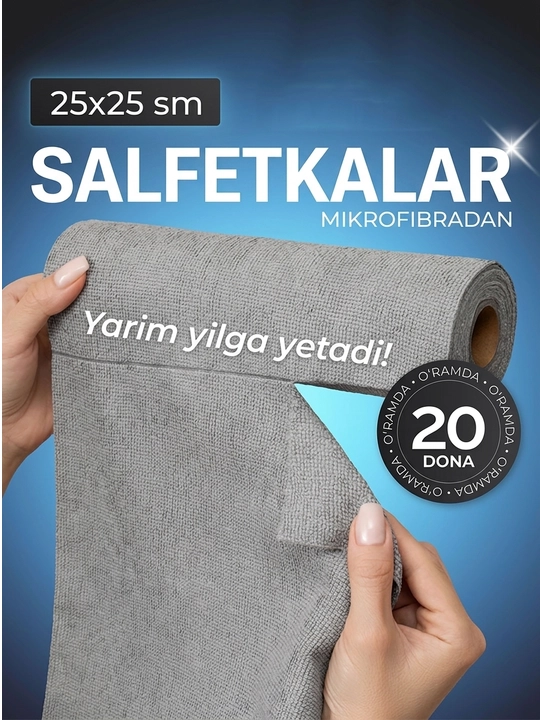 Mikrofibrali tozalovchi salfetkalar rulonda, 25×25 sm, 20 dona, grafit rang - 