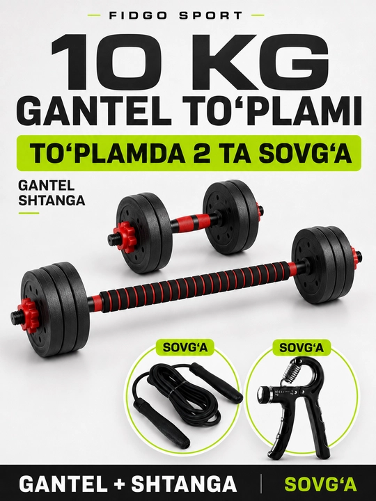 Gantellar va shtangalar, 2 ta 1 da 20, 25, 30 - kuch mashqlari uchun uy to‘plami FIDGO - 