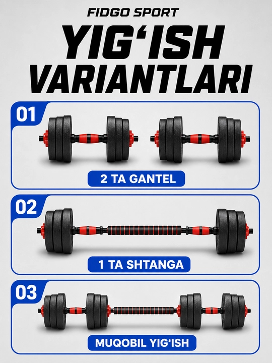 Gantellar va shtangalar, 2 ta 1 da 20, 25, 30 - kuch mashqlari uchun uy to‘plami FIDGO