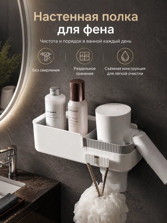 Держатель для фена настенный без сверления, органайзер для ванной - 