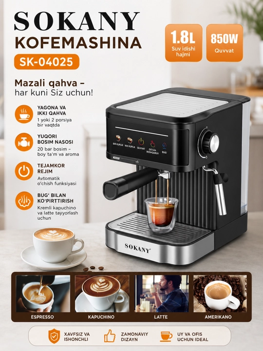 SOKANY SK-04025 Premium Espresso Qahva Mashinasi  20 Bar, Kapuchino va Latte Tayyorlash - 