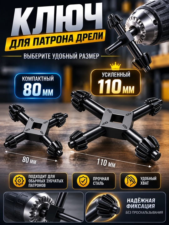 Ключ для сверлильного патрона 80 мм / 110 мм, универсальный, стальной - 