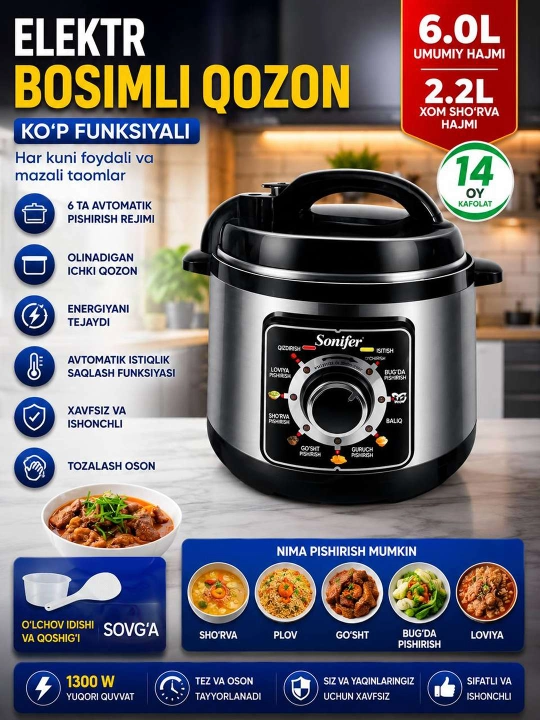 Sonifer SF-4013 Elektr Bosimli Qozon – har kuni mazali taomlarni tez va oson tayyorlang!