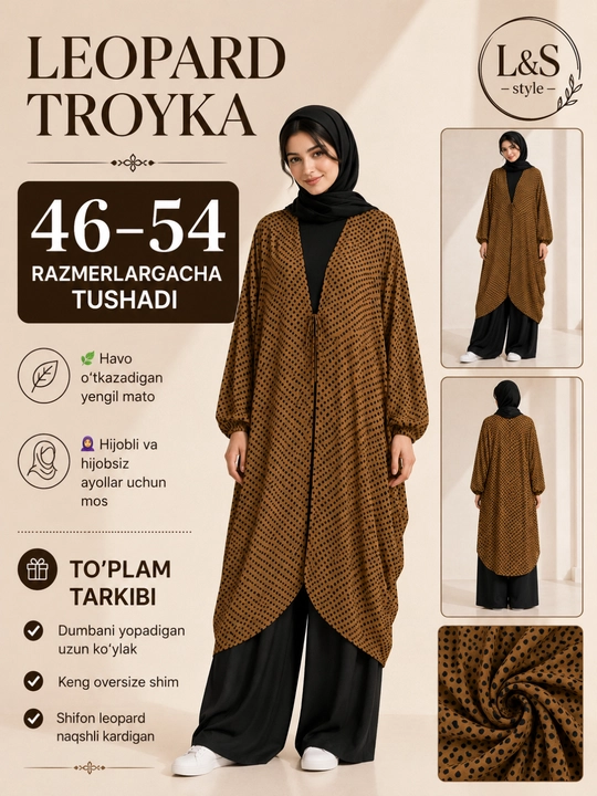 Ayollar uchun leopard troyka, shifon kardigan, uzun ko'ylak va keng shim, 46–54 - 