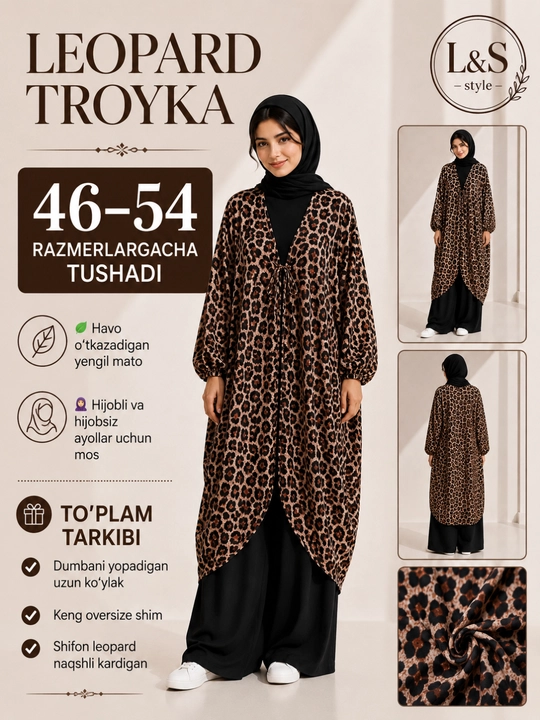 Ayollar uchun leopard troyka, shifon kardigan, uzun ko'ylak va keng shim, 46–54 - 