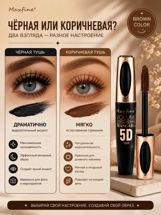 Maxfine 5D rangli kiprik tushi, qora, jigarrang, oq, ko'k, binafsha mascara