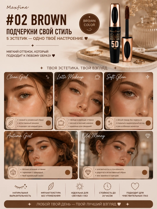 Maxfine 5D rangli kiprik tushi, qora, jigarrang, oq, ko'k, binafsha mascara