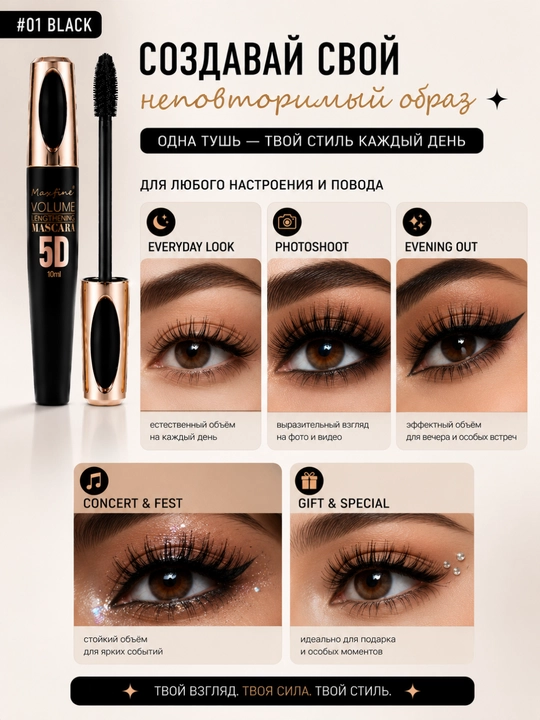 Maxfine 5D rangli kiprik tushi, qora, jigarrang, oq, ko'k, binafsha mascara
