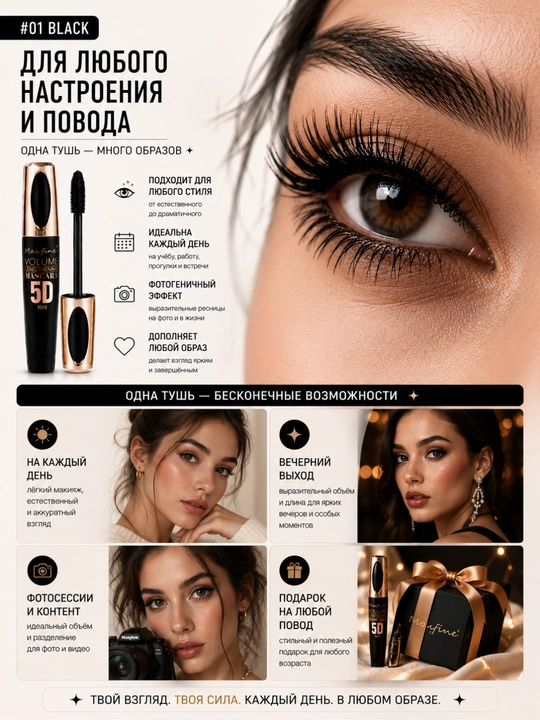 Maxfine 5D rangli kiprik tushi, qora, jigarrang, oq, ko'k, binafsha mascara