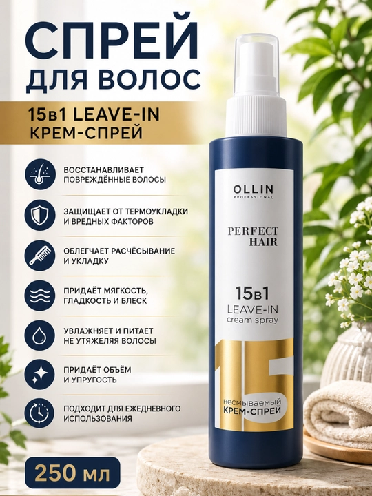 Спрей для волос, несмываемый крем-спрей, 15 в 1, Perfect hair OLLIN, 250 мл - 