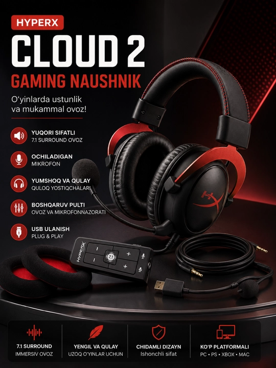 HyperX cloud 2, kompyuter, PS5, Xbox, noutbuk uchun stereo mikrofonli o‘yin garniturasi - 