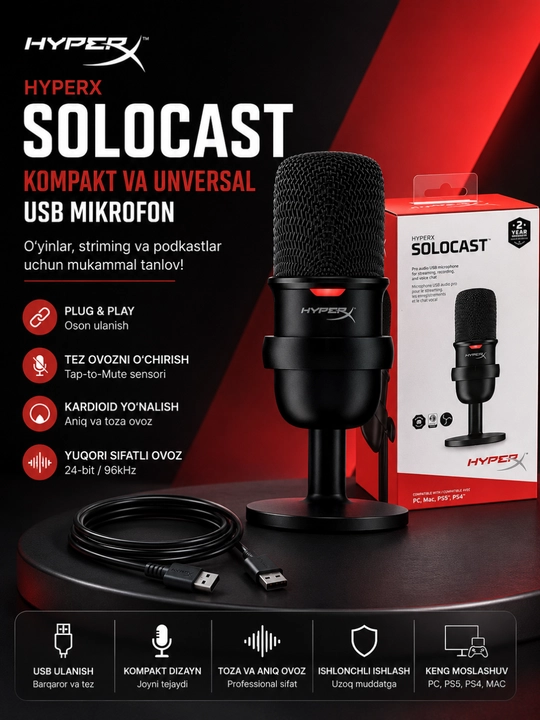 Hyperx solocast usb kondensator mikrofon streaming podcast gaming va yozuv uchun - 