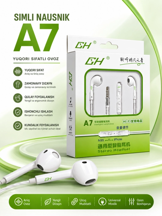 A7 stereo simli naushnik mikrofonli 3.5 mm quloqchin android va iphone qurilmalari uchun - 