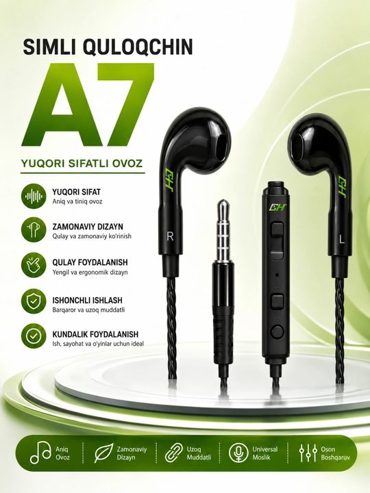 A7 stereo simli naushnik mikrofonli 3.5 mm quloqchin android va iphone qurilmalari uchun - 