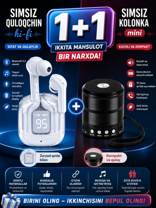 Ultrapods Max simsiz quloqchinlari + WS-887 Bluetooth karnay (1+1 bonus) - 