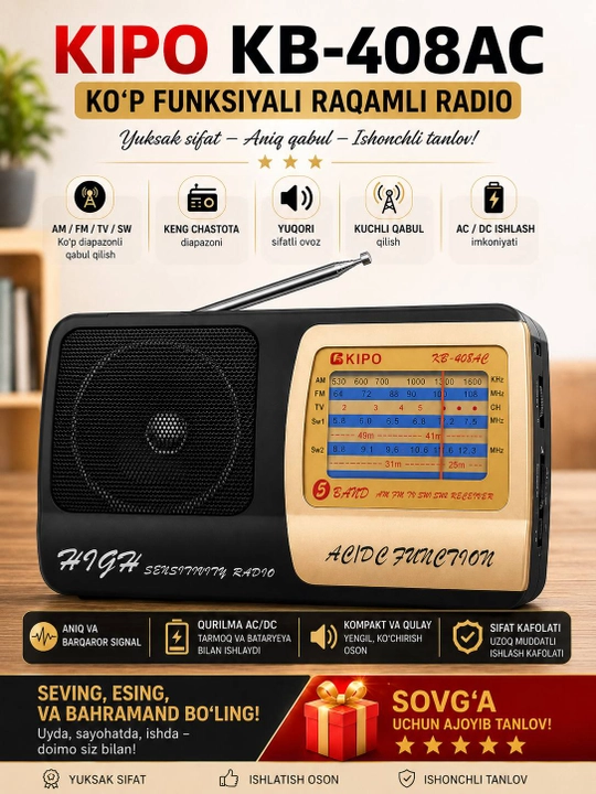 KIPO KB-408AC radio, AM FM TV SW radio, portativ radio, AC/DC radio, kuchli signal, sovg’a - 