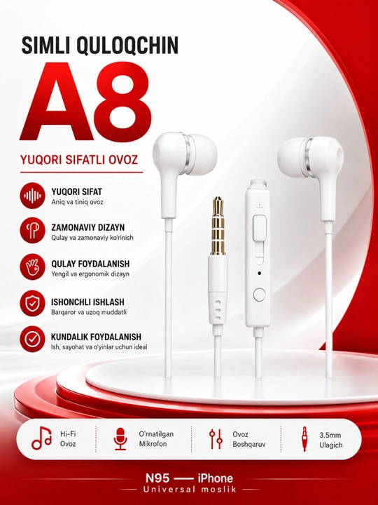 A8 stereo simli naushnik mikrofonli 3. 5 mm quloqchin android va iphone qurilmalari uchun - 