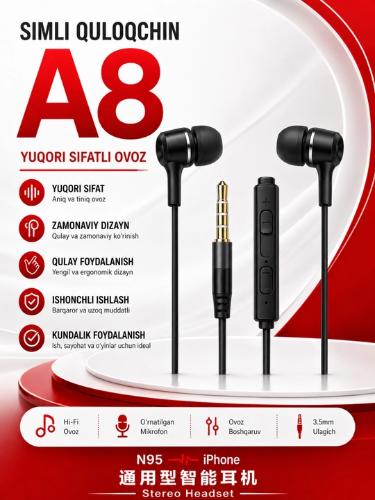A8 stereo simli naushnik mikrofonli 3. 5 mm quloqchin android va iphone qurilmalari uchun - 
