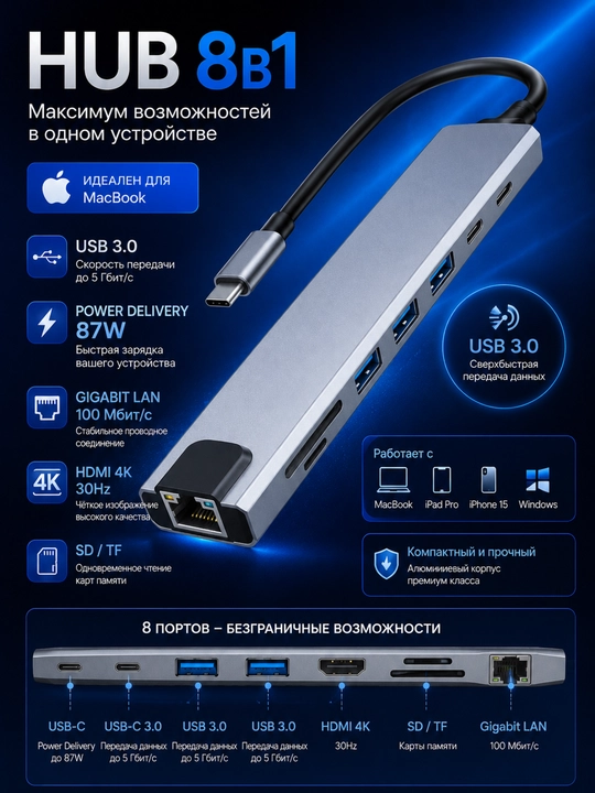 Многофункциональный USB-C адаптер 8 в 2 переходник, Хаб  HDMI - 