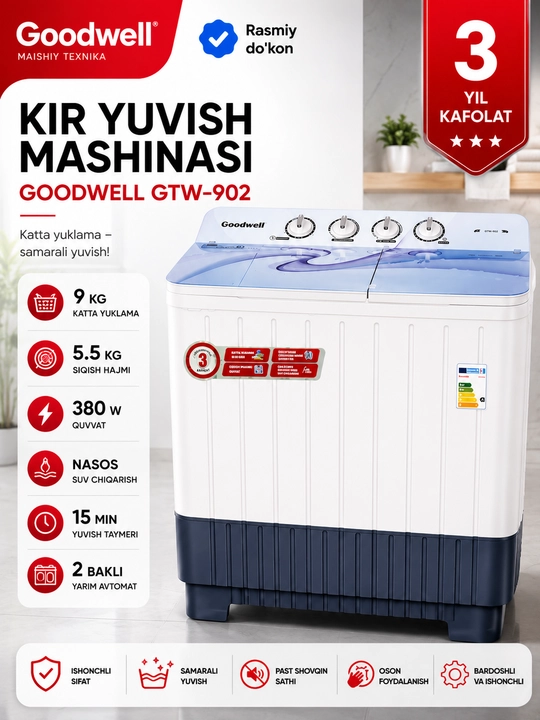 Kir yuvish mashinasi yarim avtomatik Goodwell GTW-902