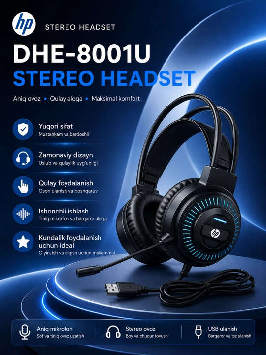 Hp stereo headset dhe-8001u usb mikrofonli quloqchin kompyuter va noutbuk uchun qora - 