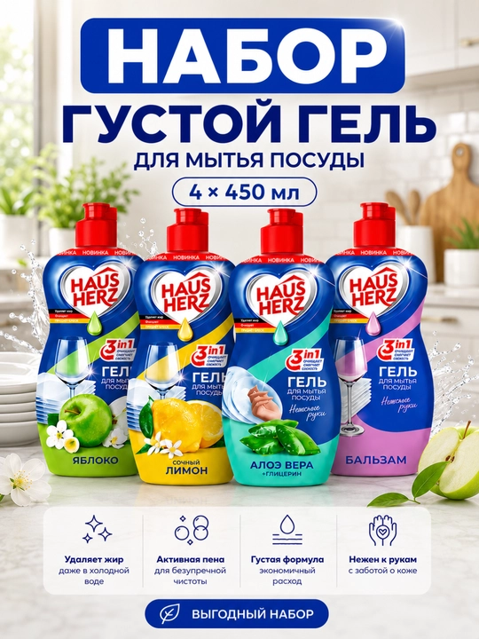 Набор средств для мытья посуды Haus Herz, 4 в 1 - 