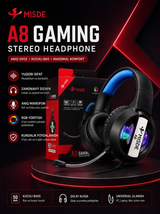 A8 gaming stereo naushnik rgb led mikrofonli simli quloqchin kompyuter va telefon uchun - 