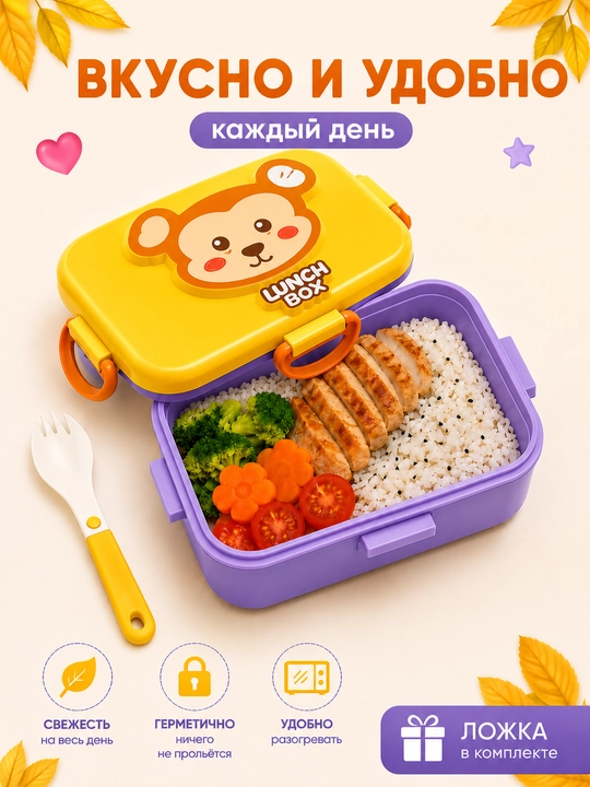 Детский ланч бокс с ложкой и вилкой, контейнер для еды 650/750 мл, 2 отделения, lunch box