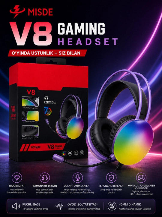Kompyuter, noutbuk va smartfon uchun RGB LEDmikrofonli V8 Gaming stereo o‘yin naushniklari - 