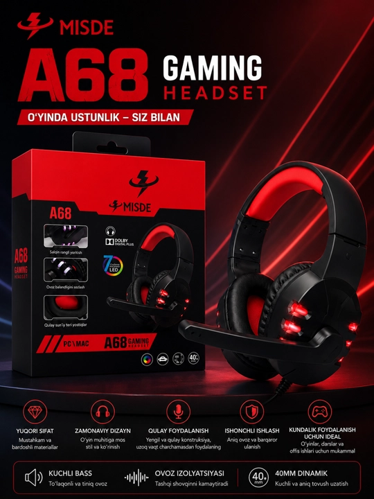 Kompyuter, noutbuk va smartfon uchun RGBLEDmikrofonli A68 Gaming stereo o‘yin naushniklari - 