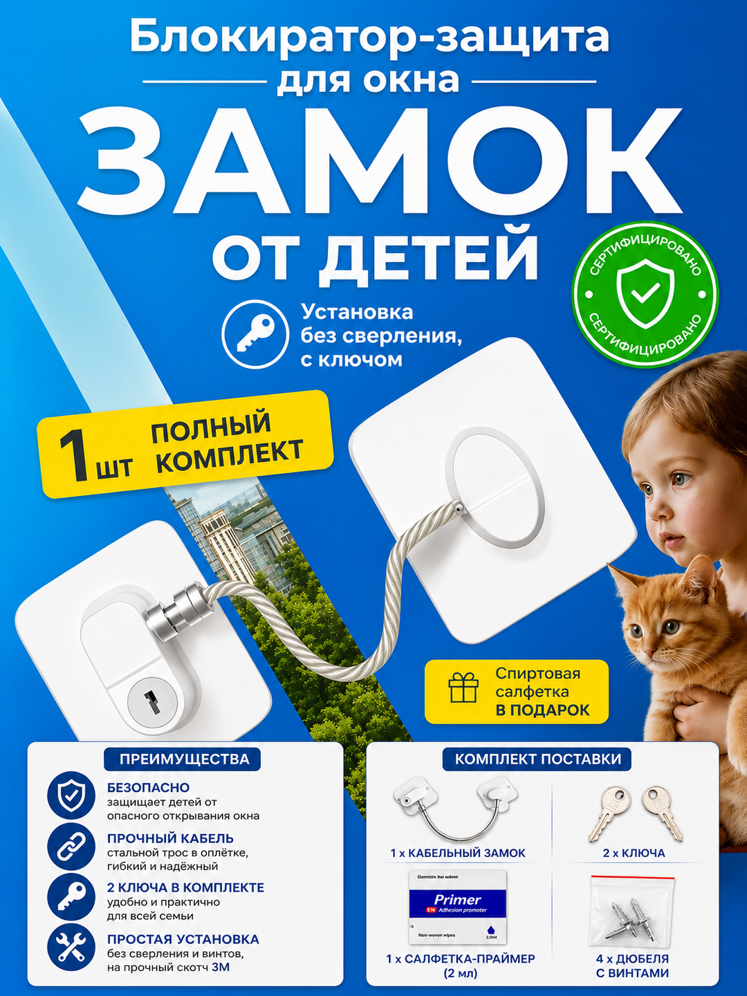 Замок блокиратор с тросом на окно для безопасности детей - 