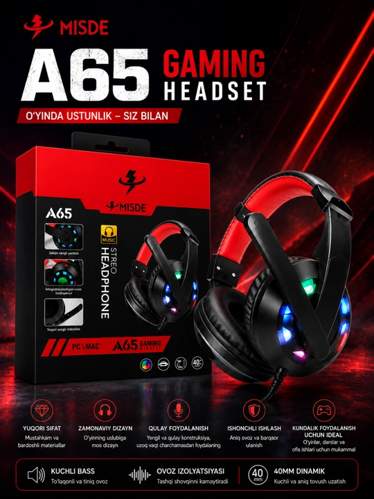 A65 gaming stereo naushnik RGB LED Mmkrofonli simli quloqchin PC, laptop va telefon uchun - 