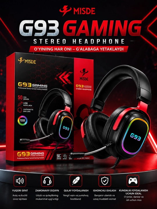 Misde g93 gaming stereo naushnik rgb mikrofonli simli quloqchin pc va mac uchun - 