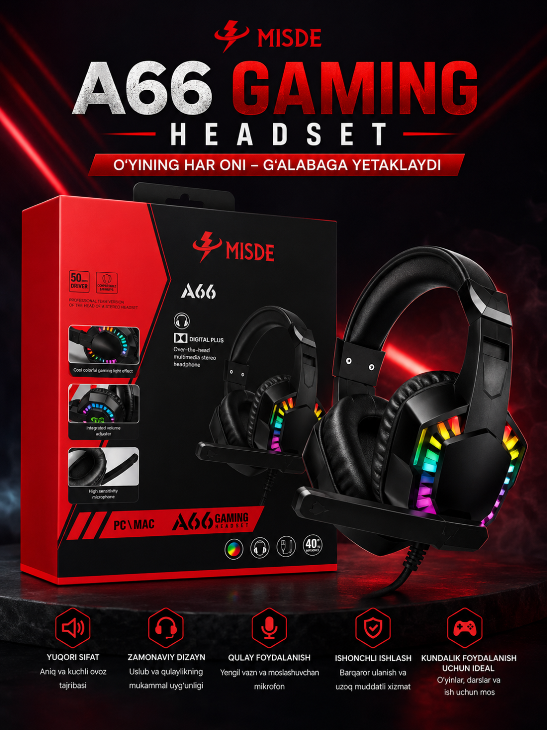 MISDE A66 RGB o‘yin stereo quloqchinlari, kompyuter, Mac va noutbuk uchun mikrofon - 