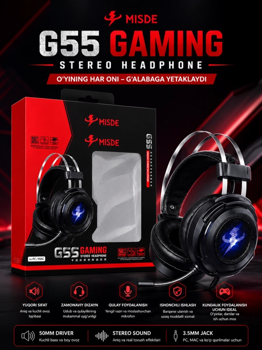RGB LED, kompyuter va Mac uchun mikrofonli MISDE G55 o‘yin stereo naushniklari - 