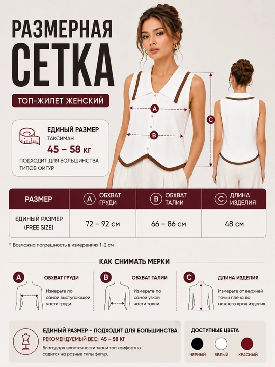 Ayollar uchun kuzgi trikotaj top-jilet, yengsiz, tugmali, kontrast yoqali